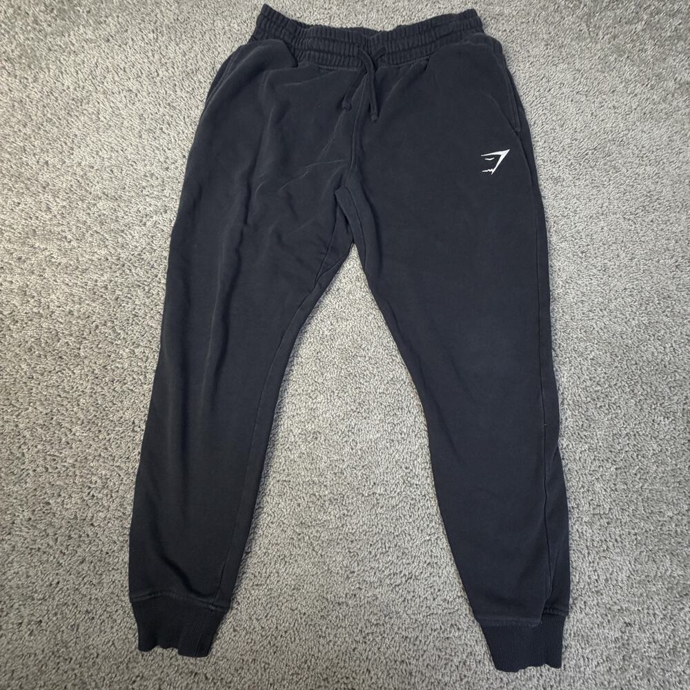 Gymshark Crest Jogger Pants Mens M Black Fleece Elastic Waist Drawstring Pockets